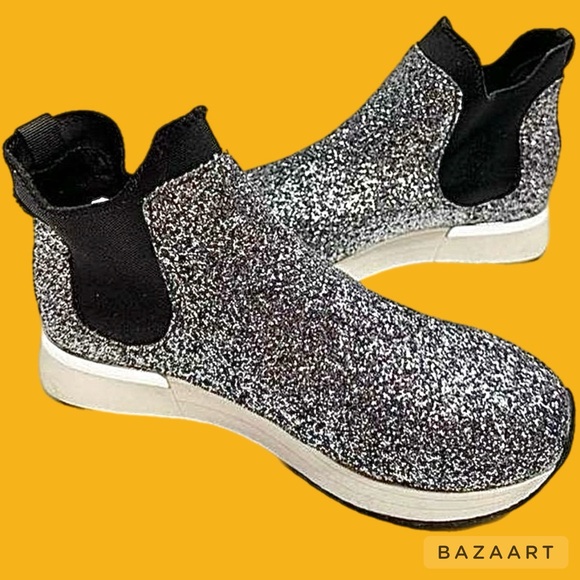 New SZ 8.5 KENNETH COLE REACTION Sneakers Womens Slip On black w/ silver glitter - Picture 3 of 10